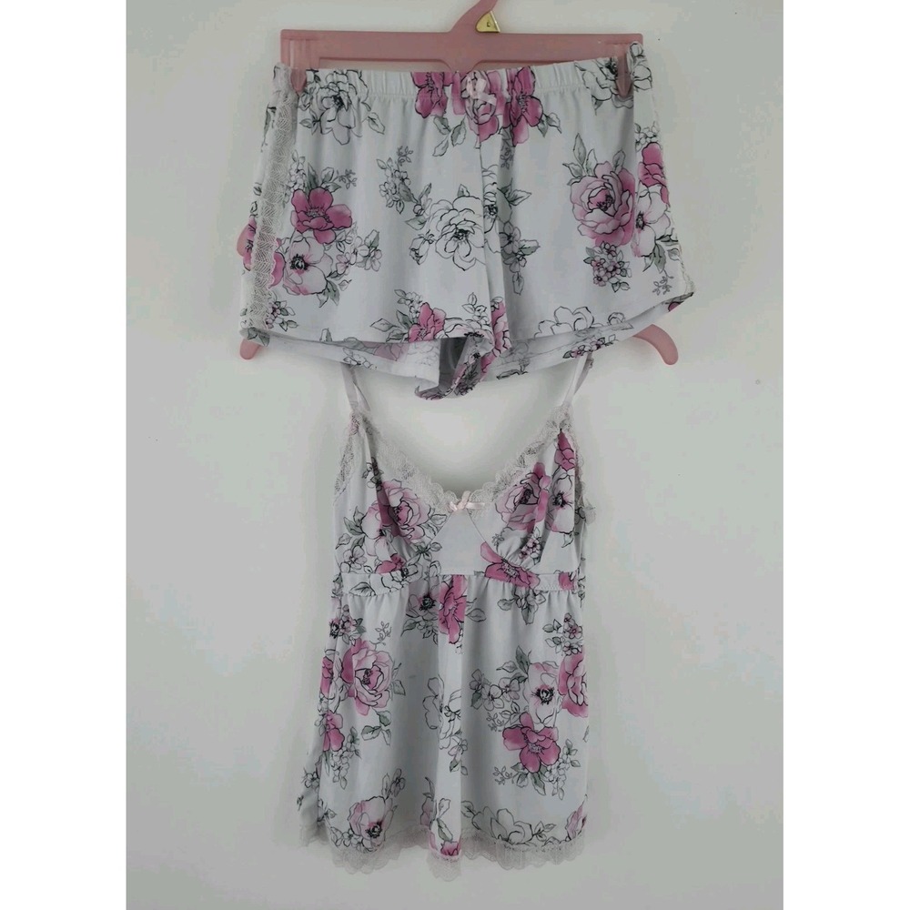 Laura Ashley Pajama Set Womens Pink Gray Floral Cami Shorts Lace Trim 2PC Sz S